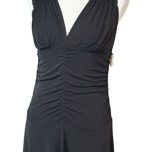 Deadstock Y2K Black Draped Handkerchief Hem Dress Ruched Midi